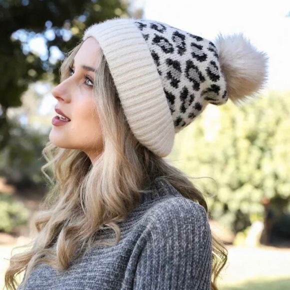 Accessories - SOLD OUT Ivory Leopard Faux Fur Pompom Winter Beanie